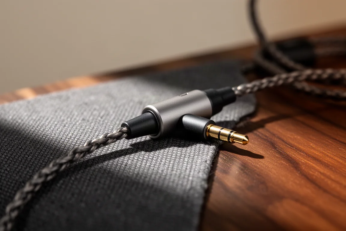 Close-up van een gevlochten gebalanceerde hoofdtelefoonkabelconnector op een donker houten oppervlak