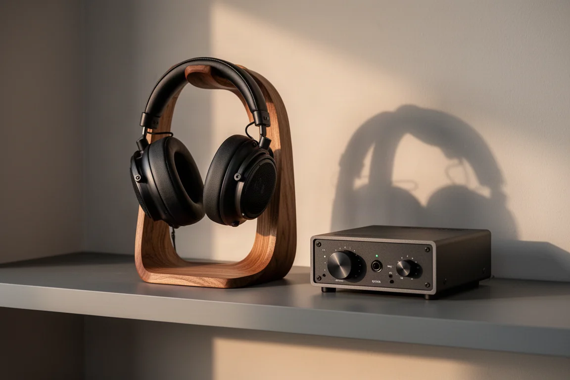 Over-ear planaire hoofdtelefoon op een houten standaard naast een kleine desktop-versterker