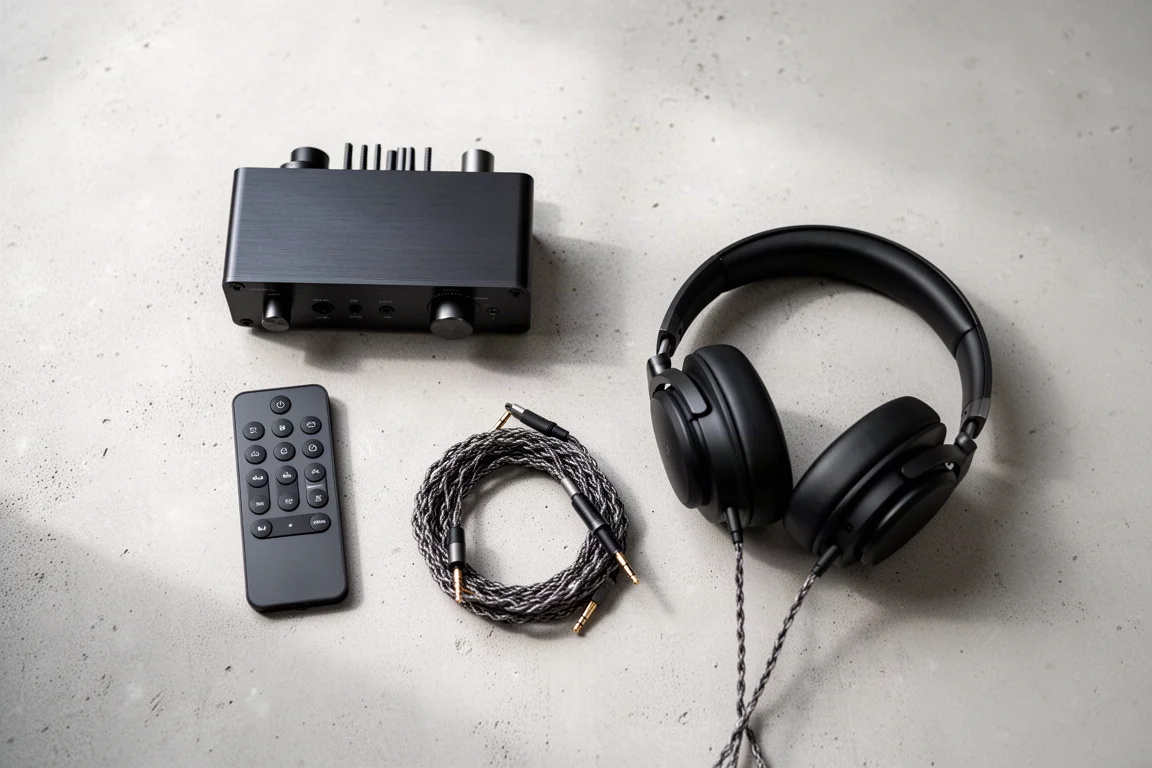 Overhead flat-lay van een desktop-audio-opstelling met hoofdtelefoon, afstandsbediening en kabel