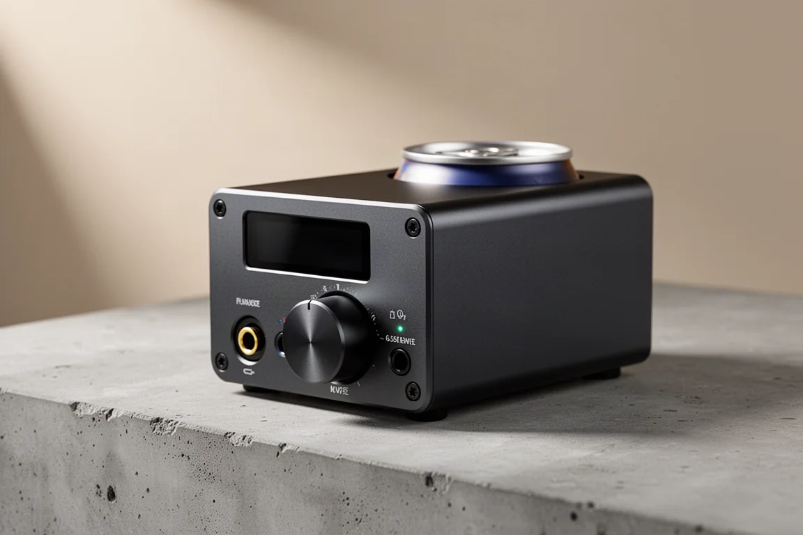 Compact dark aluminium desktop DAC and headphone amplifier on a concrete surface