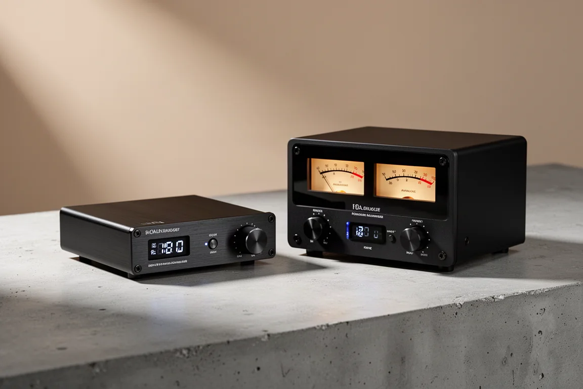 Two compact black desktop DAC units side by side on a concrete surface