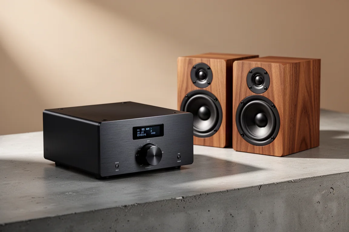 Compact stereo amplifier with volume knob next to walnut bookshelf speakers on concrete