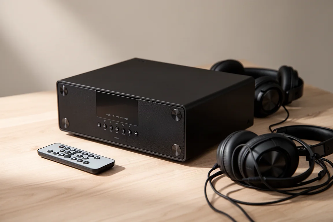 Compact black CD player with remote and over-ear headphones on a pale oak surface