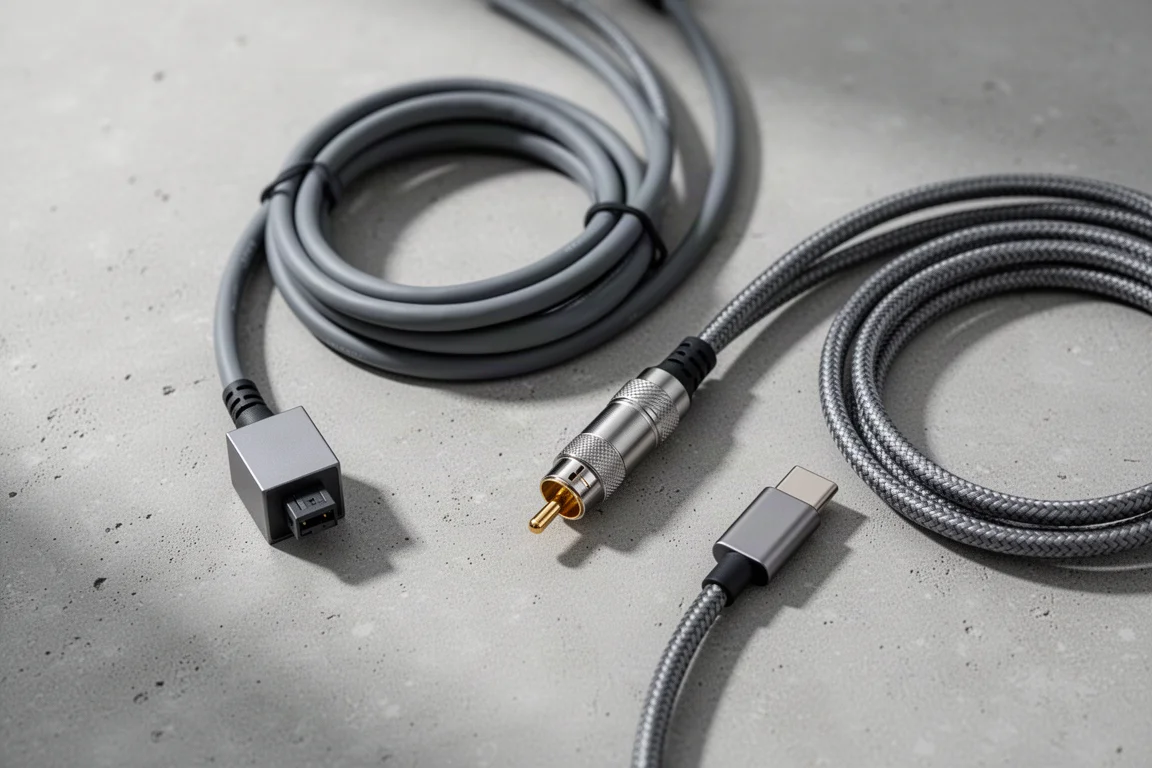 混凝土上俯拍平放的光纖、同軸與 USB-C 音頻線