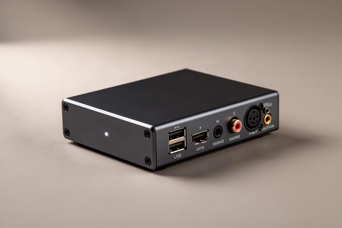 Compact matte black USB digital audio converter photographed on a neutral grey backdrop