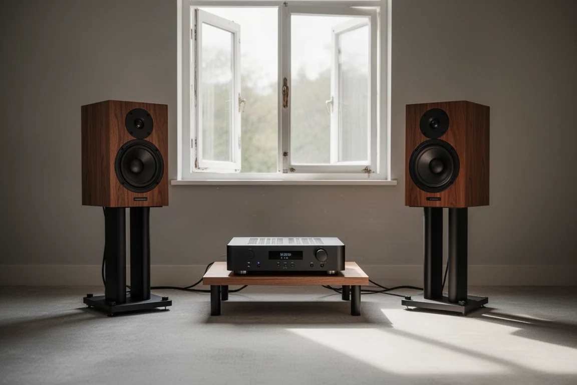 桌面 Hi-Fi 系統搭配書架喇叭與小型擴大機