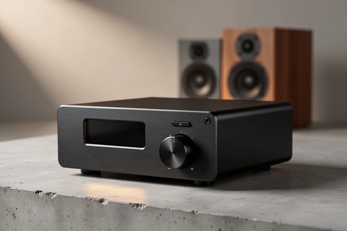 Compact black class D speaker amplifier on a concrete surface