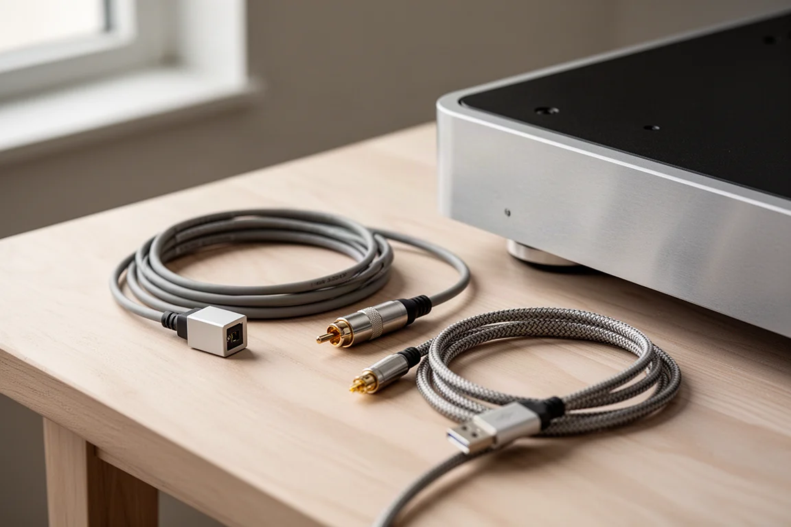 Optiska, koaxiala och USB digitala ljudkablar arrangerade på ett ljust ekkbord