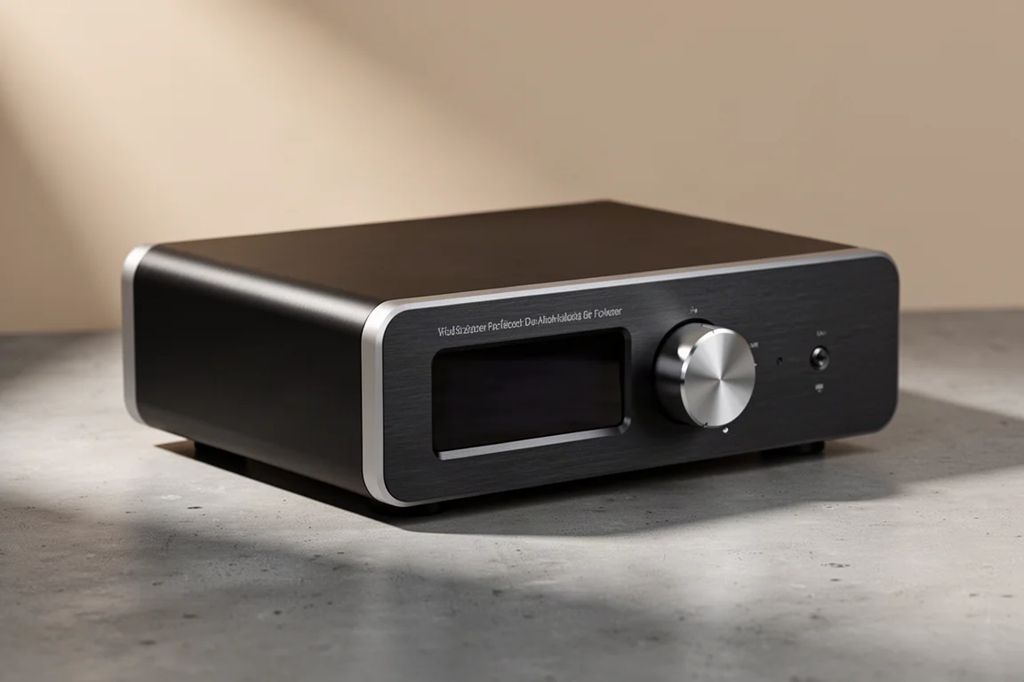 Dark aluminium desktop DAC with metal volume knob on a matte concrete surface