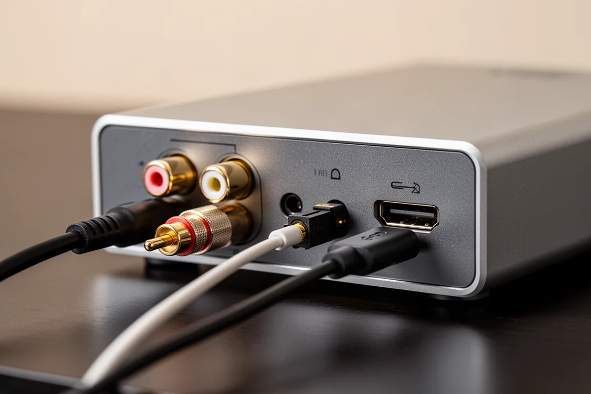 RCA、光纖與 USB-C 線材連接到精巧 DAC 的後面板
