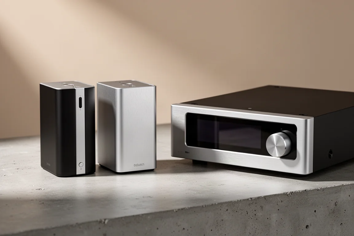 Three compact SMSL desktop audio components arranged on a matte concrete surface