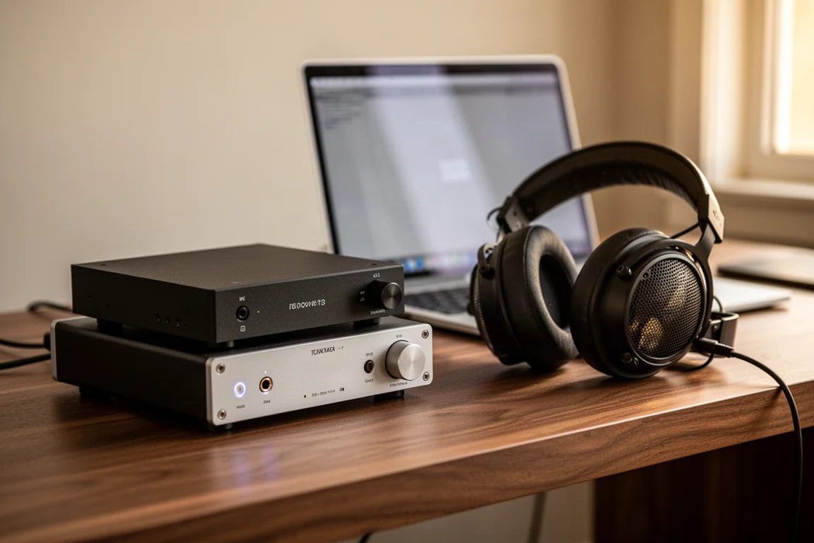 Skrivbords-hifi-setup med en omvandlare, förstärkare och öppna hörlurar på ett träskrivbord