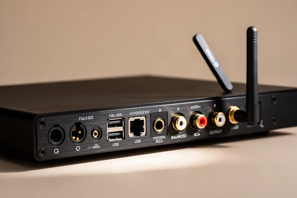 Baksidan av en skrivbords-DAC som visar optiska, USB-, koaxiala och balanserade anslutningar
