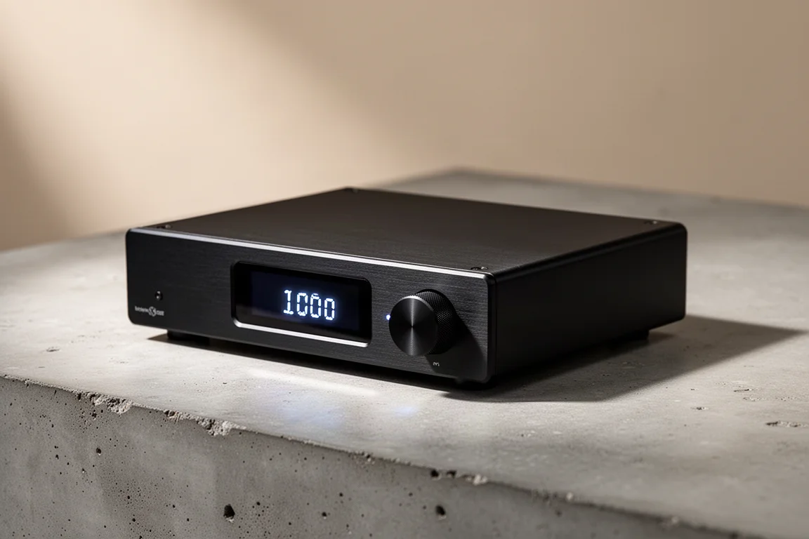 Slim black desktop DAC with a small display and single control knob on a concrete surface
