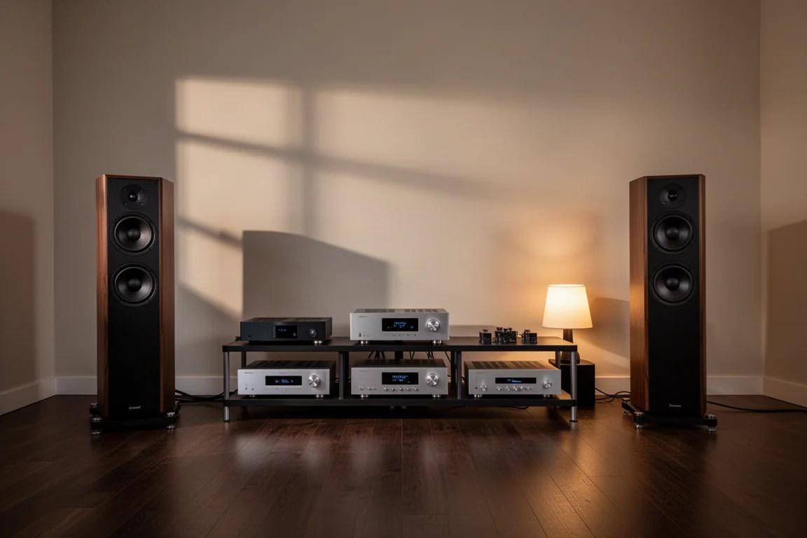 Ruhiger Hörraum in der Dämmerung mit Standlautsprechern und einem niedrigen Hi-Fi-Rack