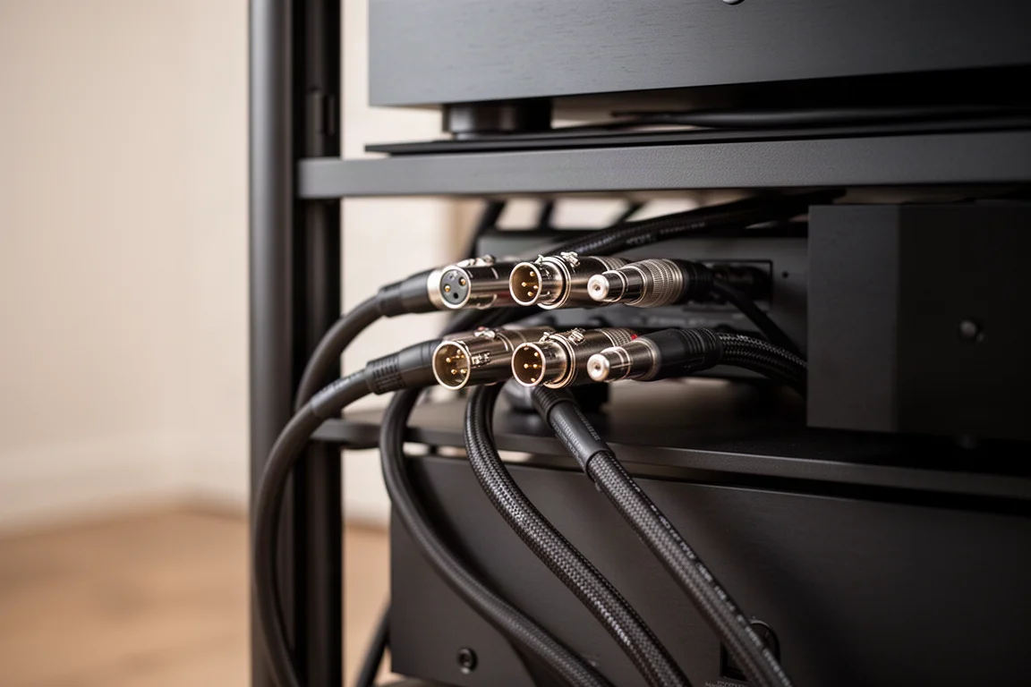 Symmetrische XLR-Verbindungen und Lautsprecherkabel hinter einem Hi-Fi-Rack verlegt