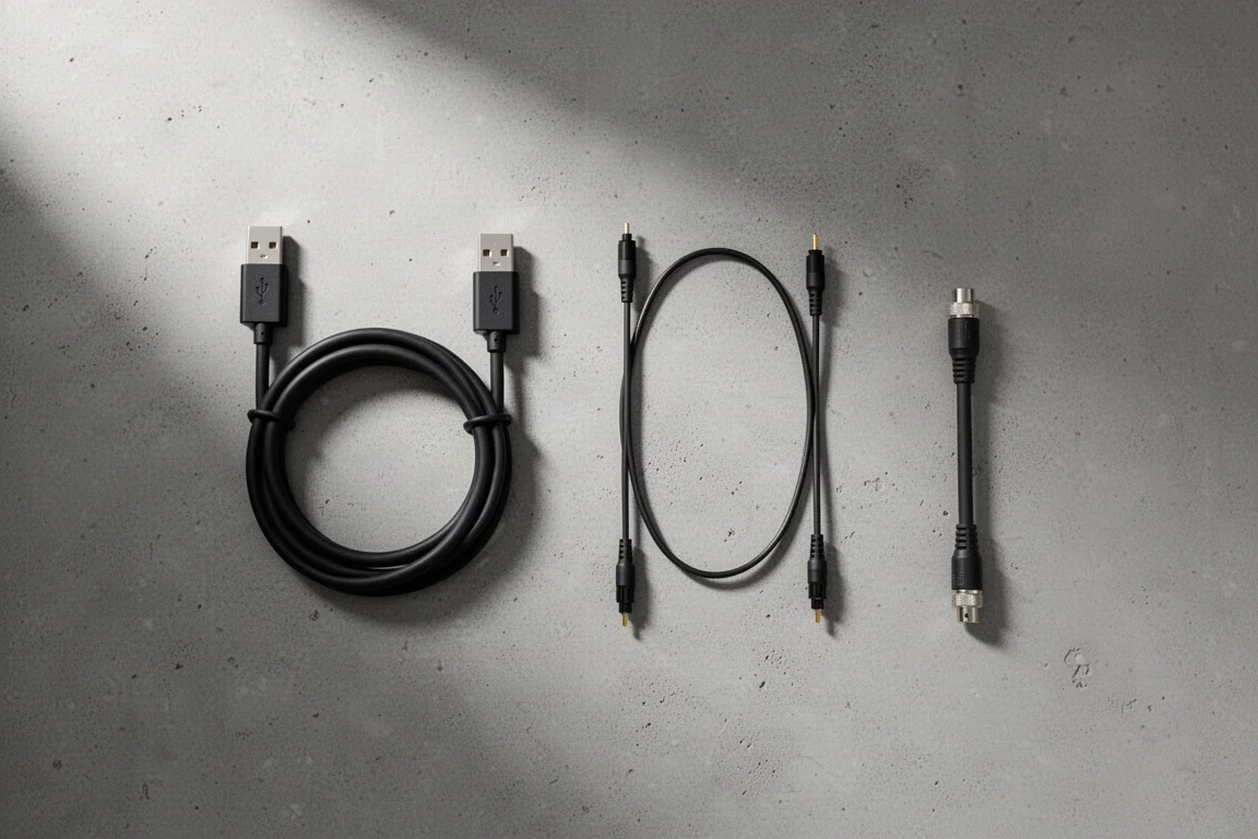 Draufsicht auf digitaler Audiokabel, aufgerollt auf einer matten Betonfläche