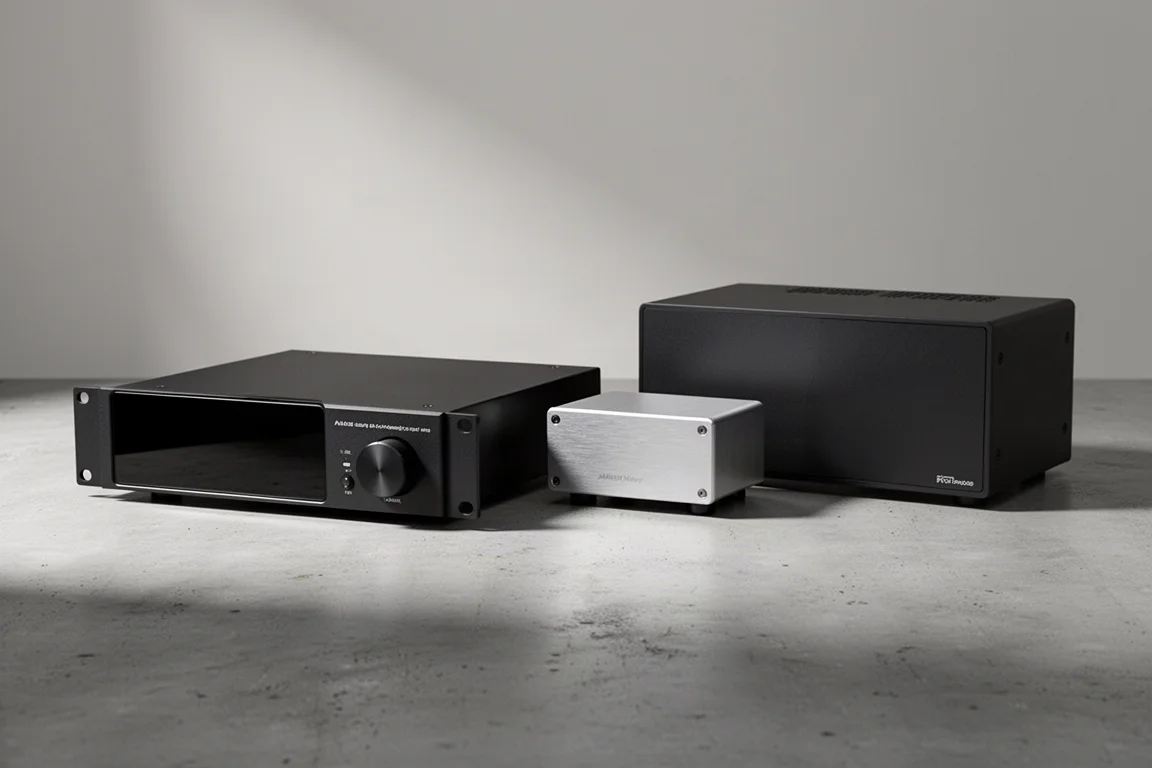 Three desktop DACs with different chassis sizes lined up on a concrete surface
