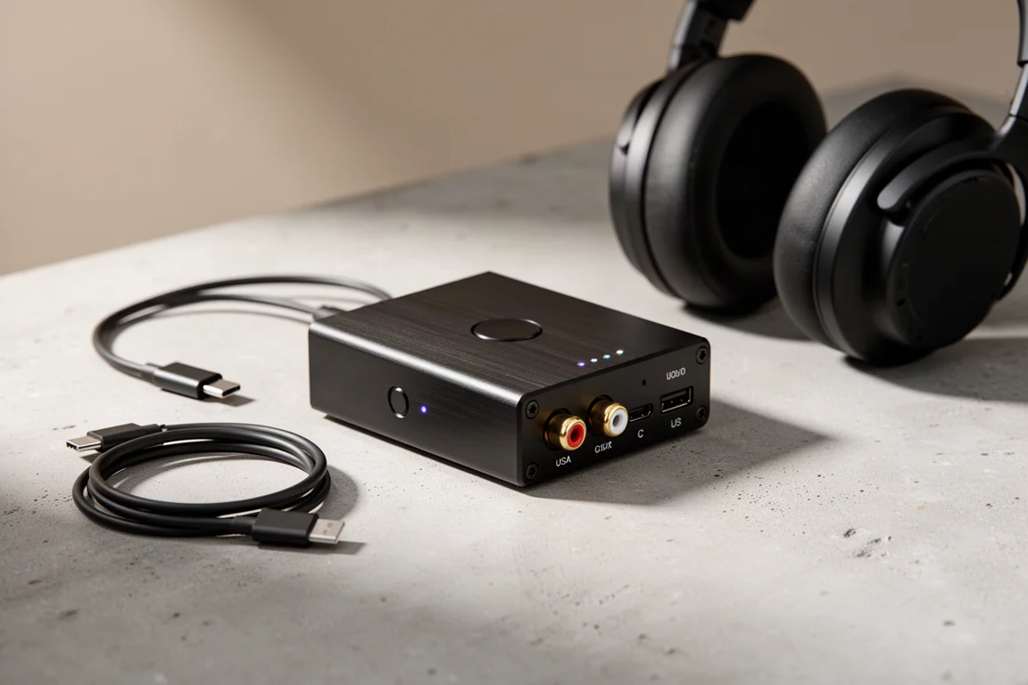 Compact black SMSL SU1 digital-to-analog converter on concrete with a USB-C cable and headphones