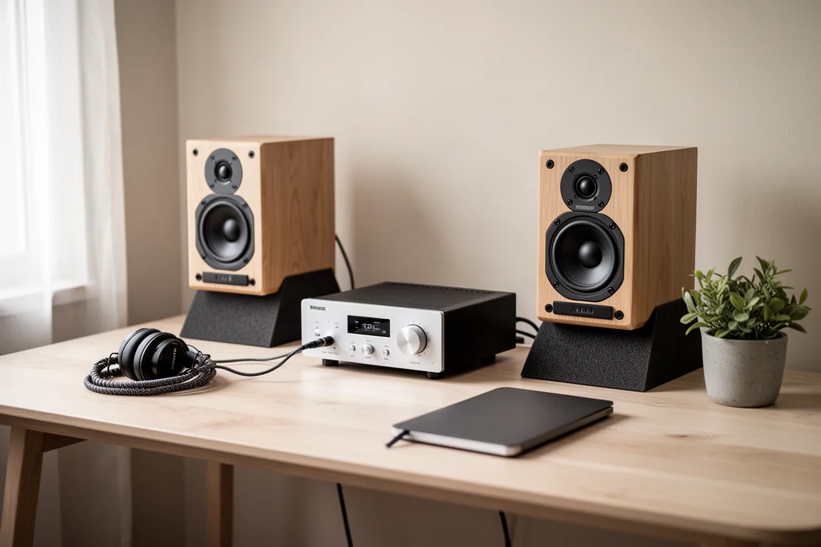 Amplificateur compact et petites enceintes near-field sur un bureau en bois à côté d'un casque