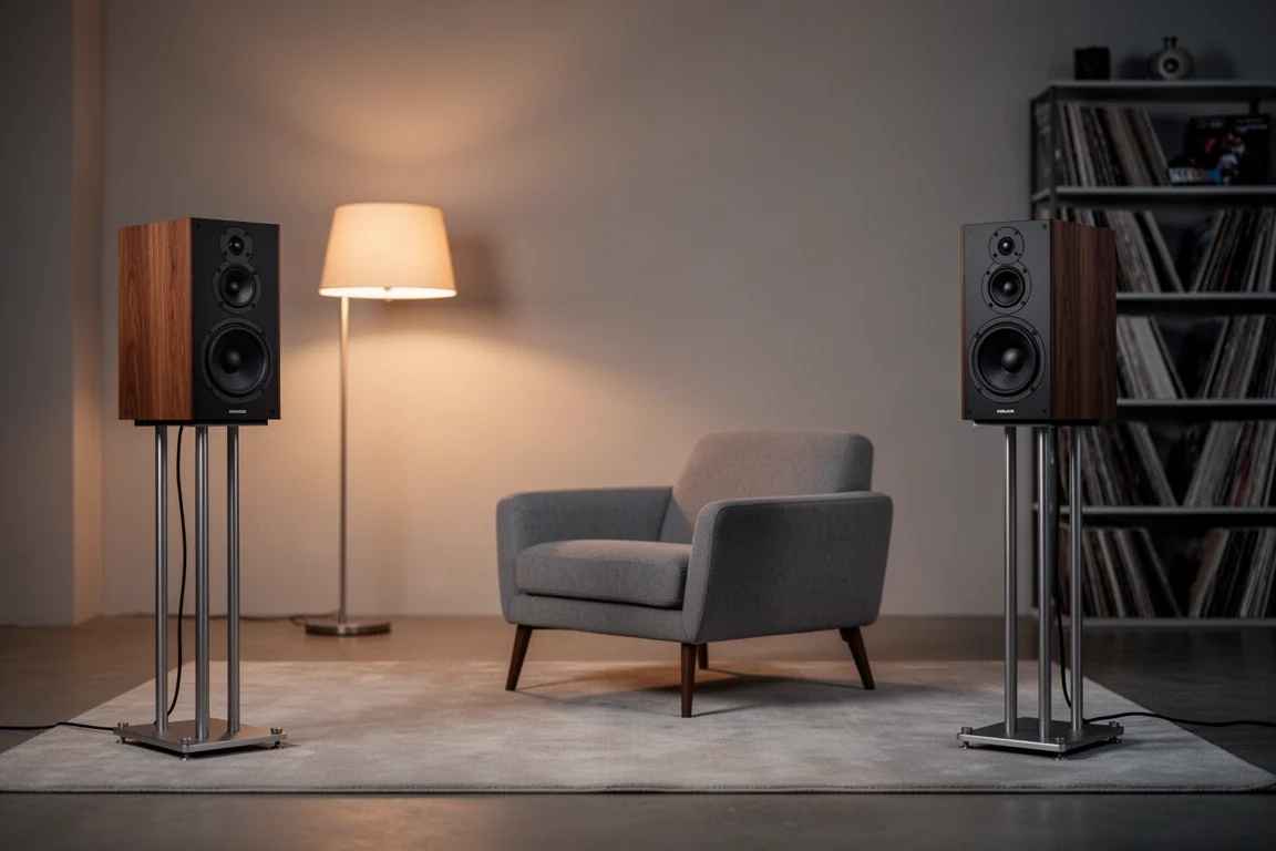 Pièce d'écoute silencieuse au crépuscule avec enceintes sur pieds face à un fauteuil bas et un lampadaire
