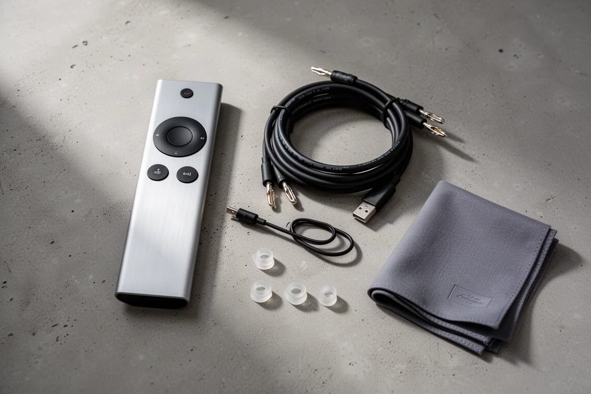 Flat-lay d'accessoires hi-fi sur béton incluant télécommande, câble d'enceinte et patins d'isolation