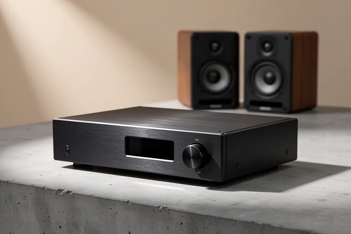 Compact machined aluminium integrated amplifier on concrete with small speakers behind it