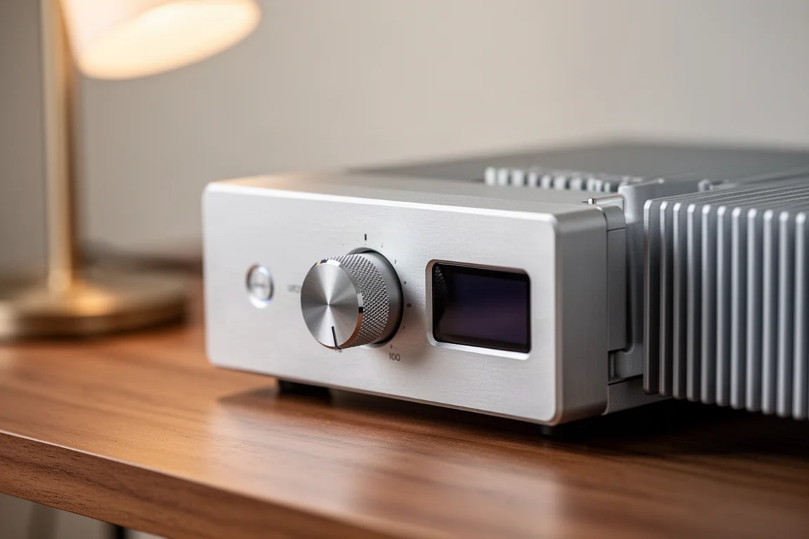 Gros plan sur un bouton rotatif et un écran discret sur une façade hi-fi compacte en aluminium posée sur un bureau en bois