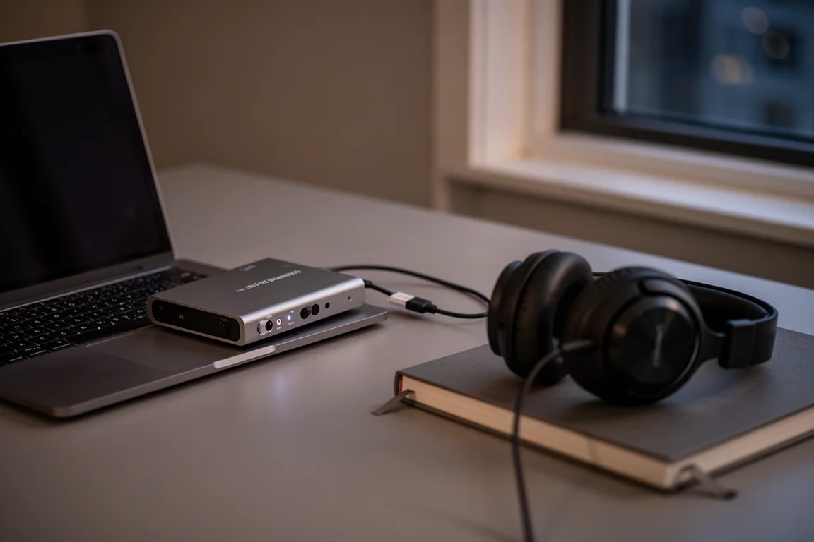 Convertisseur hi-fi compact sur un bureau à côté d'un ordinateur portable ouvert avec un casque circum-aural posé à proximité