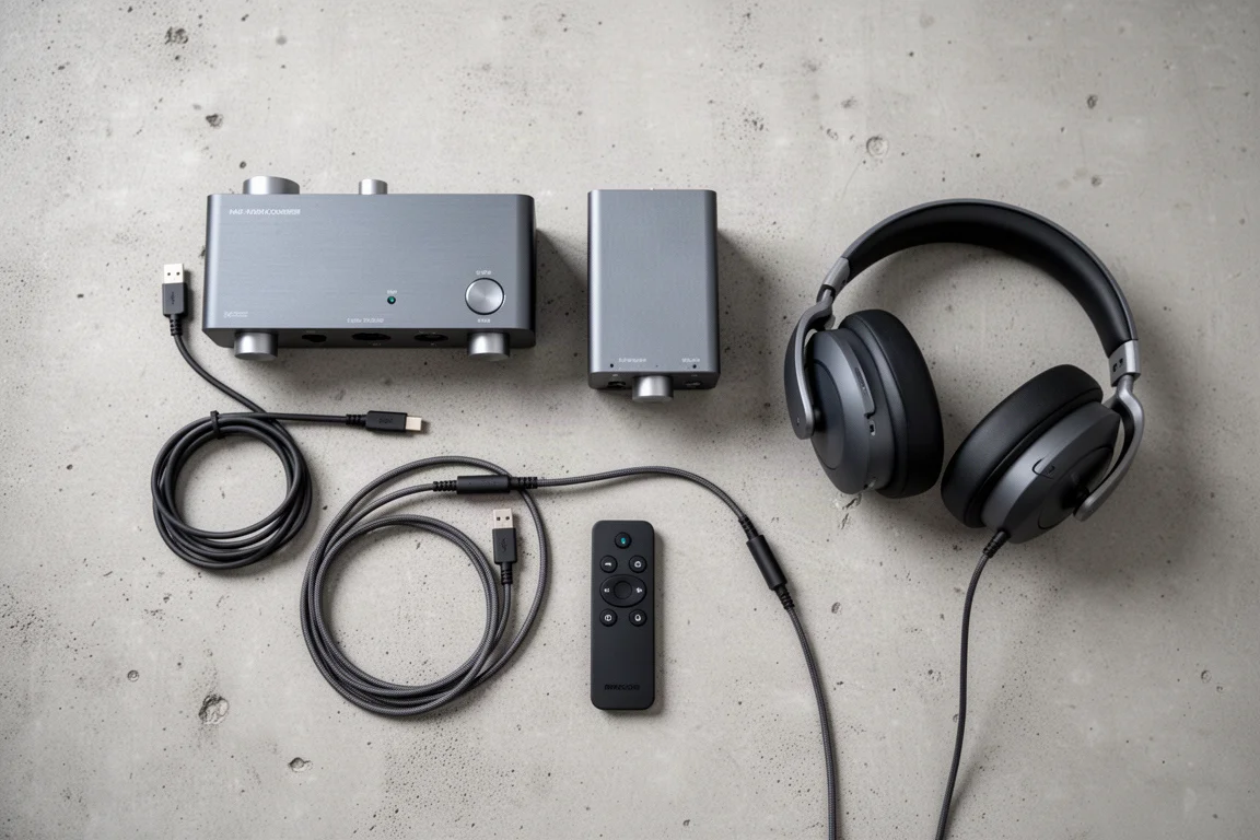 Vue de dessus à plat d'une installation audio de bureau compacte avec câbles, casque et télécommande