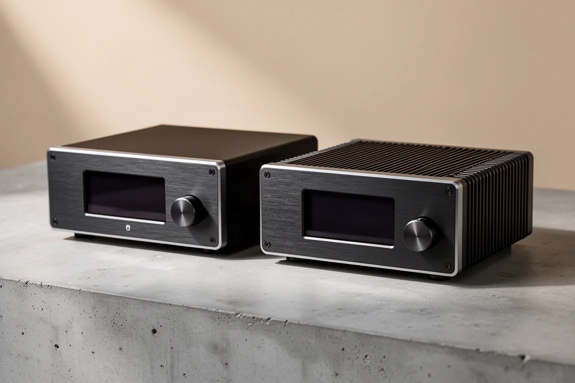 Two compact half-width aluminium hi-fi components side by side on a matte concrete surface