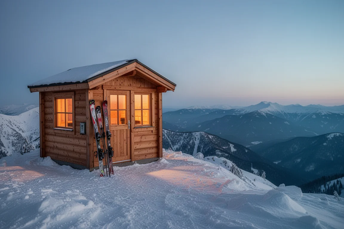 Mysig uppvärmningsstuga på en snötäckt bergstopp i skymningen