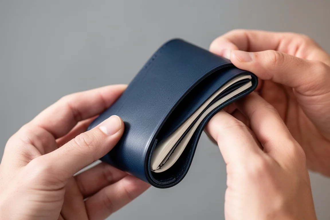Sottile taccuino in pelle blu scuro leggermente arrotolato per mostrarne la flessibilità