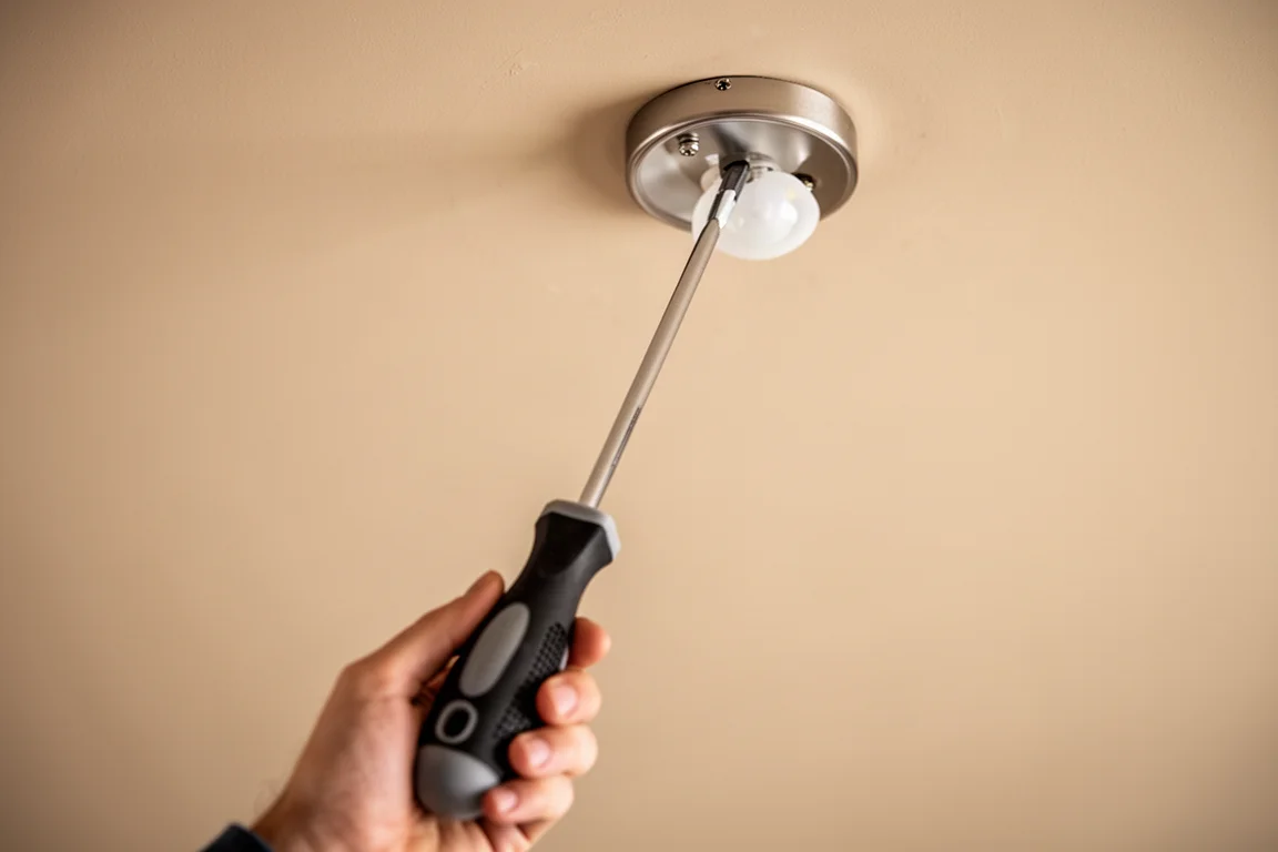 Tournevis à longueur prolongée utilisé pour installer un luminaire au plafond