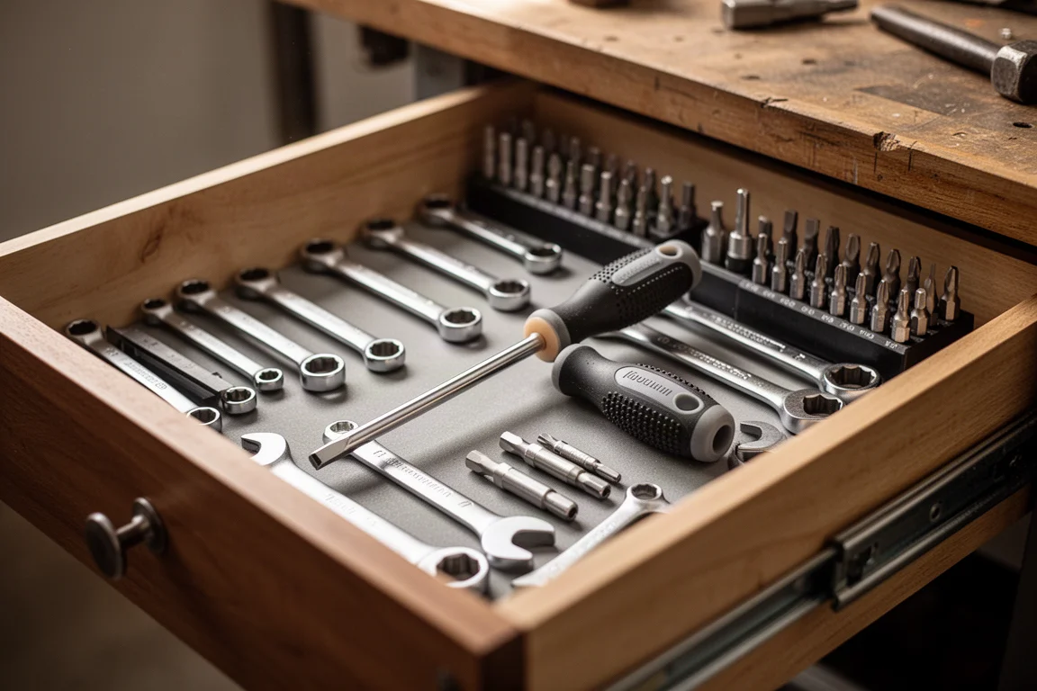 Caisse à outils avec outillage à main professionnel sur un établi d'atelier