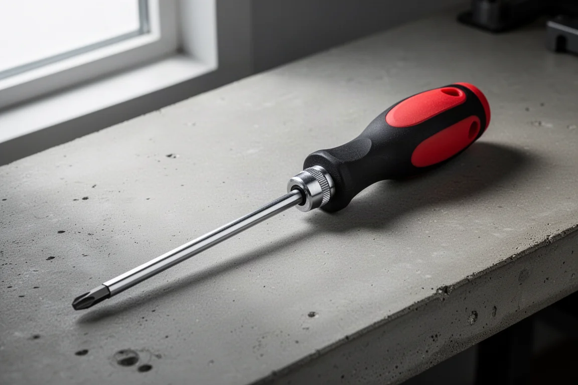 Snap-on 13 吋棘輪軟握把起子頭接桿放在水泥工作檯上