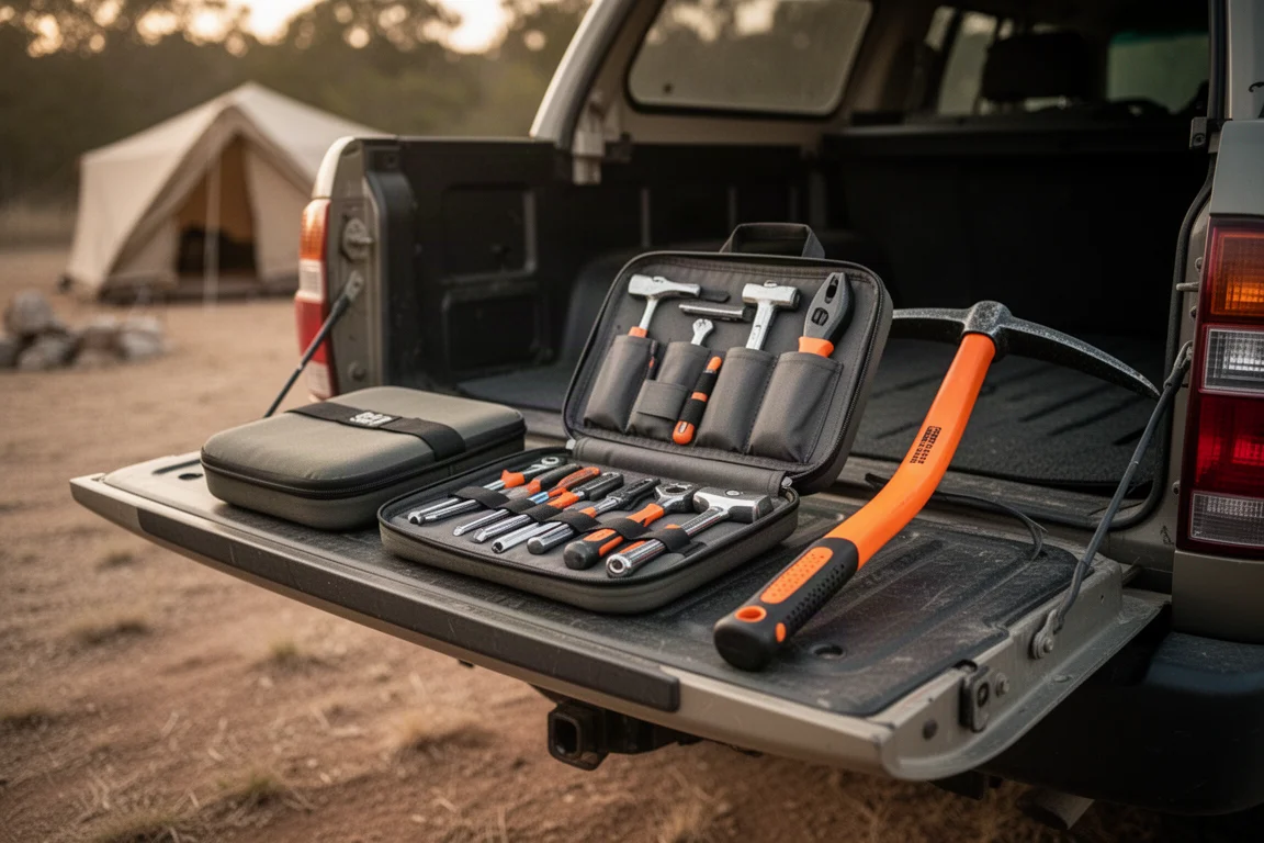 Kit d'outils d'overlanding compact disposé sur un hayon de véhicule