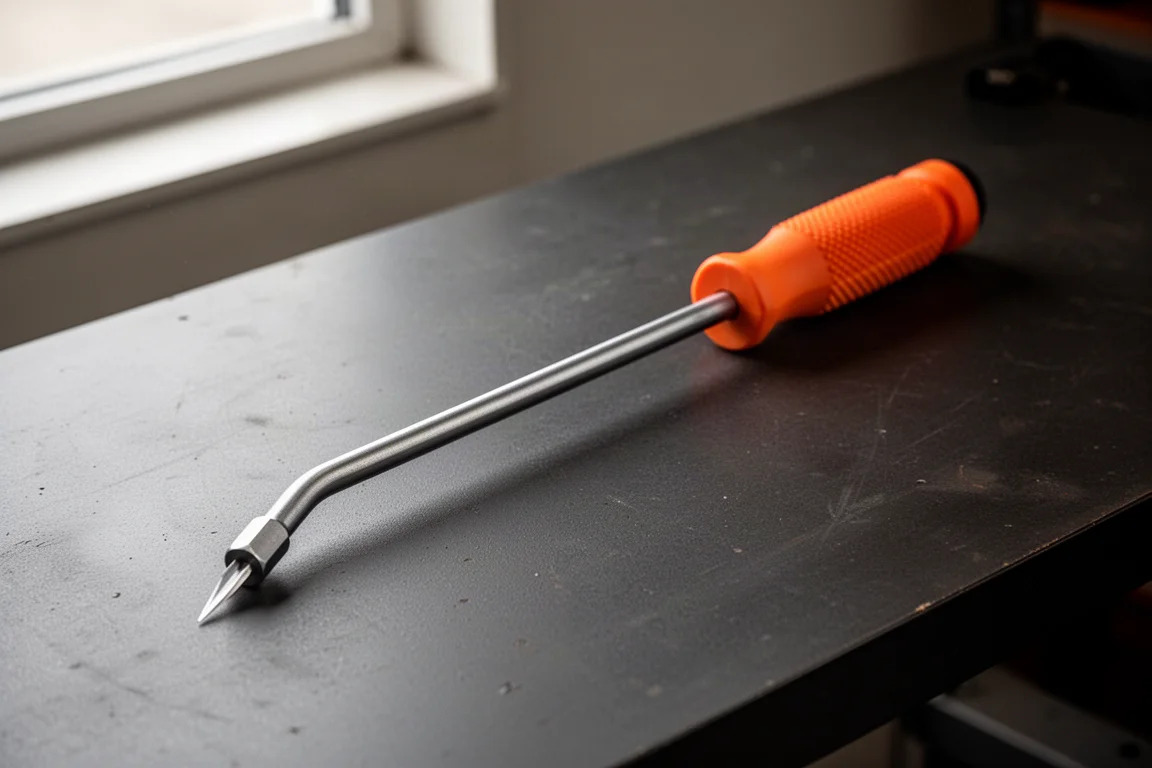 Snap-on 16-inch hose pick with orange handle and offset tip on a workbench