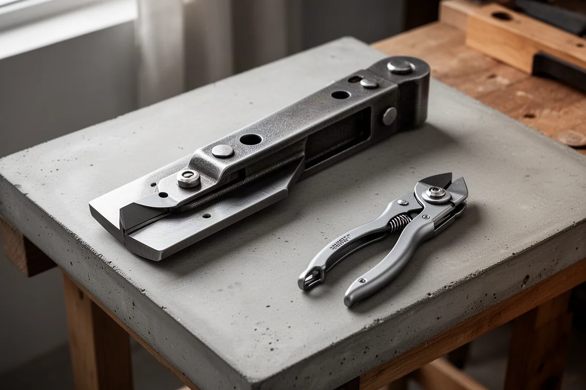 Large side cutter resting on a workbench next to a smaller pair of cutters