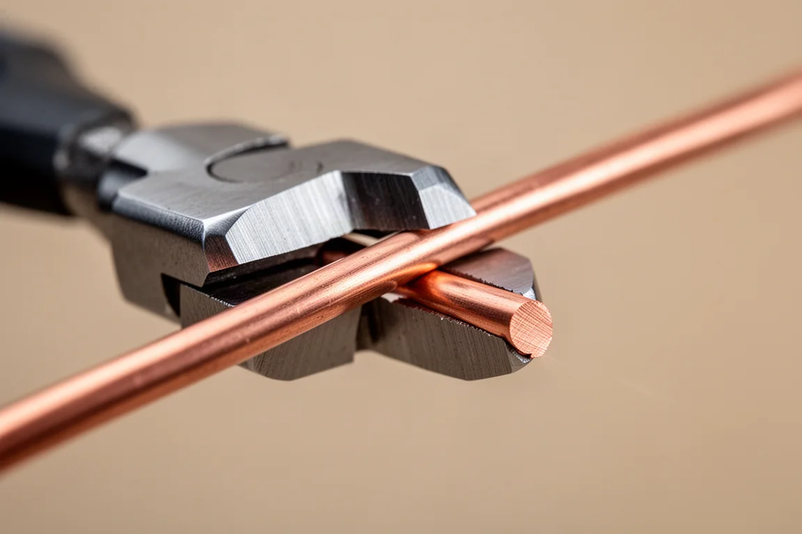 Close-up of polished cutter jaws biting into a solid copper wire