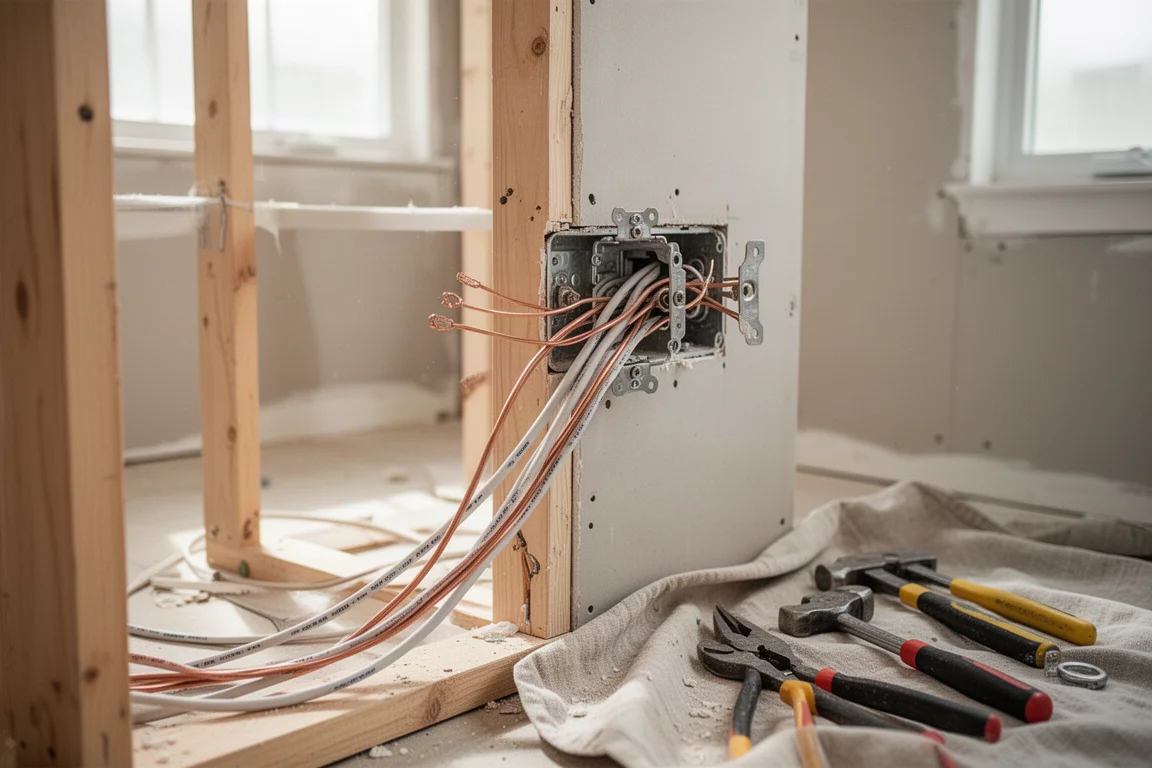 Electrician wiring an outlet box in a bathroom under natural light