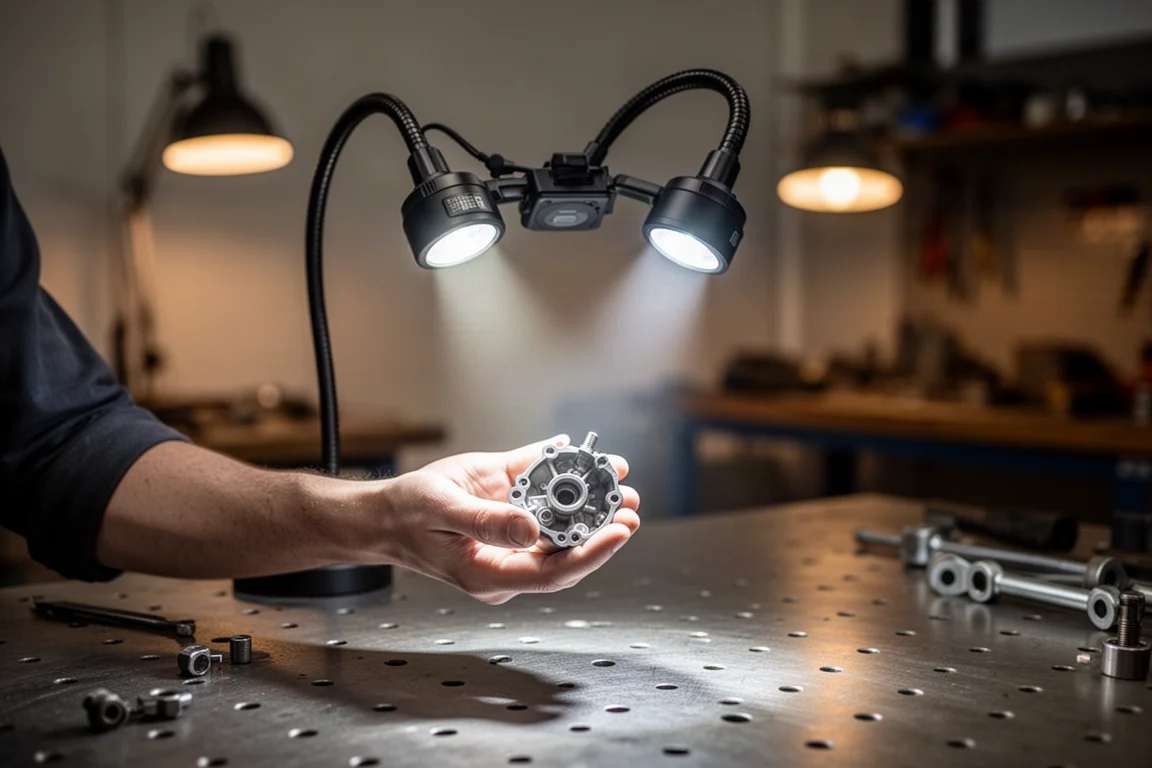 Neklamp op ooghoogte gedragen die eendetailwerkgebied verlicht
