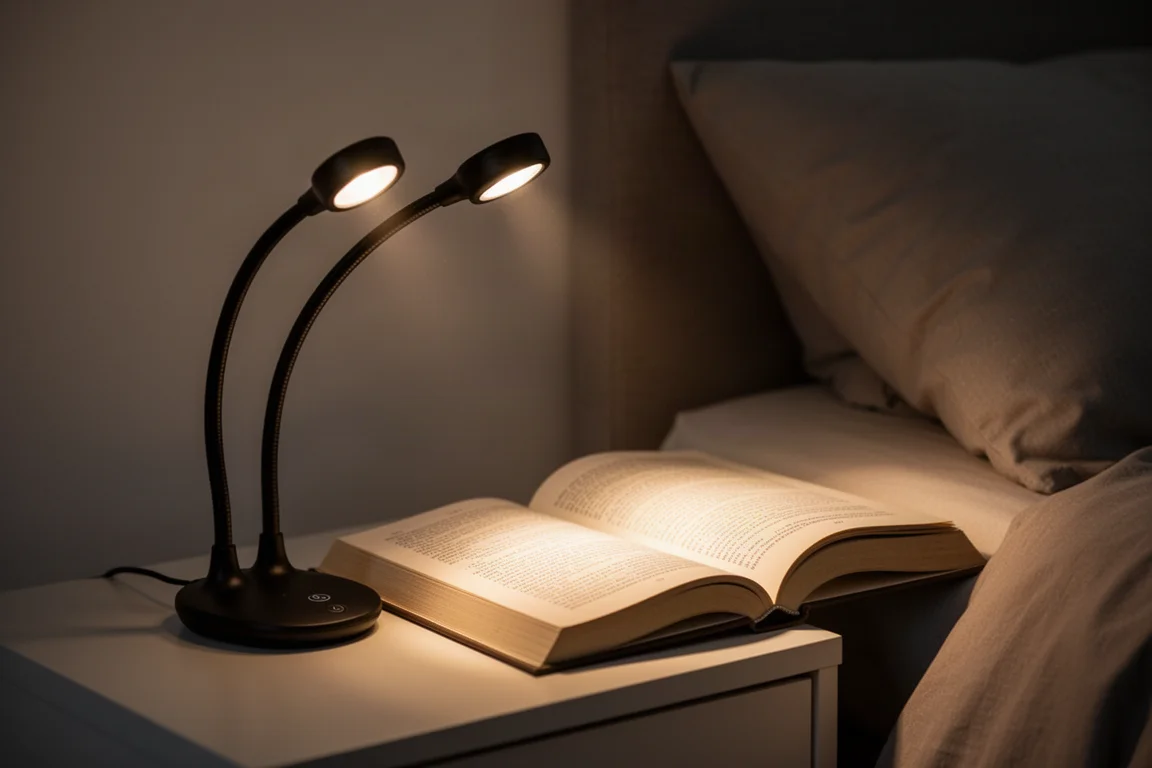 Neklamp op een werkbank naast een boek bij weinig licht