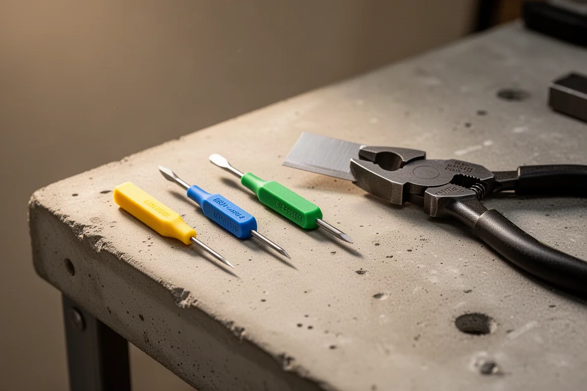 Hardheidstesters liggen naast de tangen op een werkbank in de werkplaats