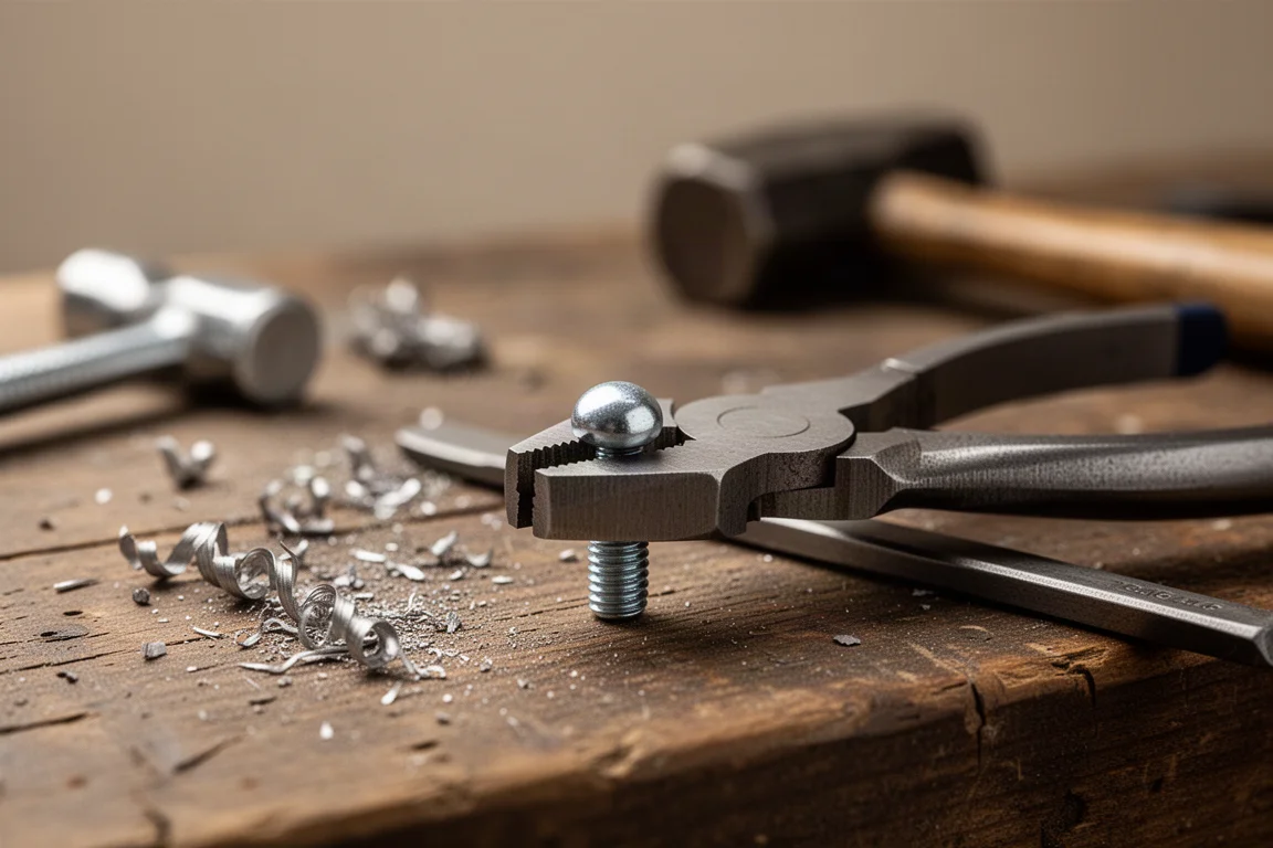 Petite pince à rainure et languette serrant une pièce ronde sur un établi