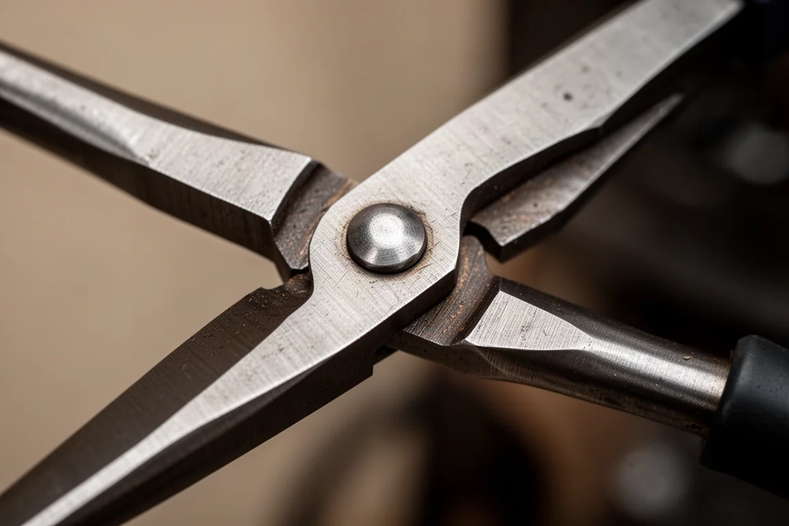 Gros plan sur le rivet et l'articulation d'une petite pince montrant des bras en métal épais