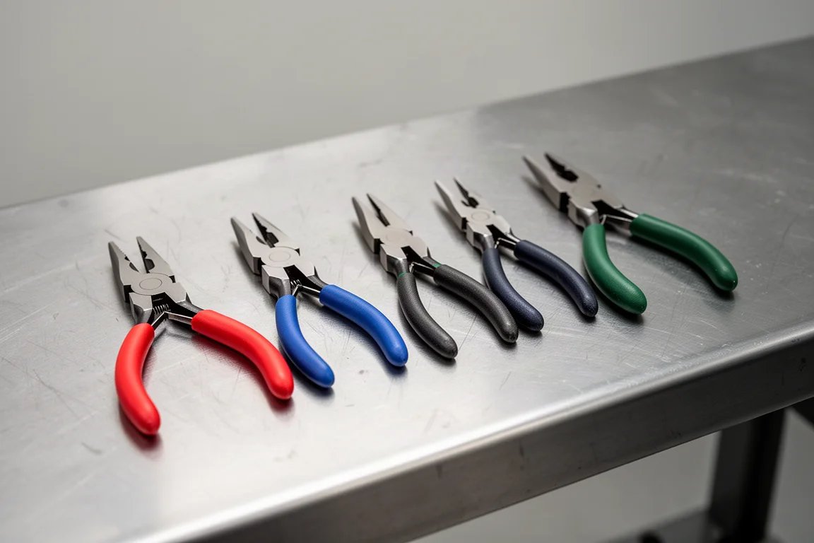 Assortiment de petites pinces de différentes marques disposées sur un établi