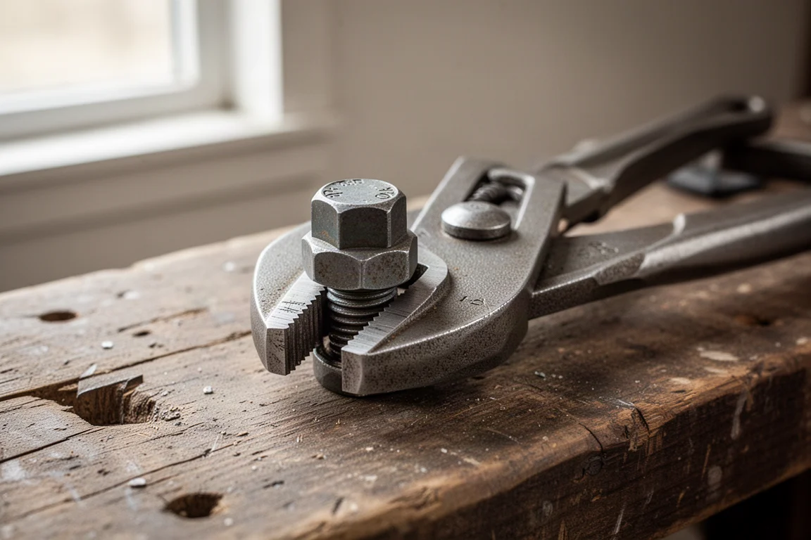 Water pump pliers clamped firmly around a large bolt head on a workbench