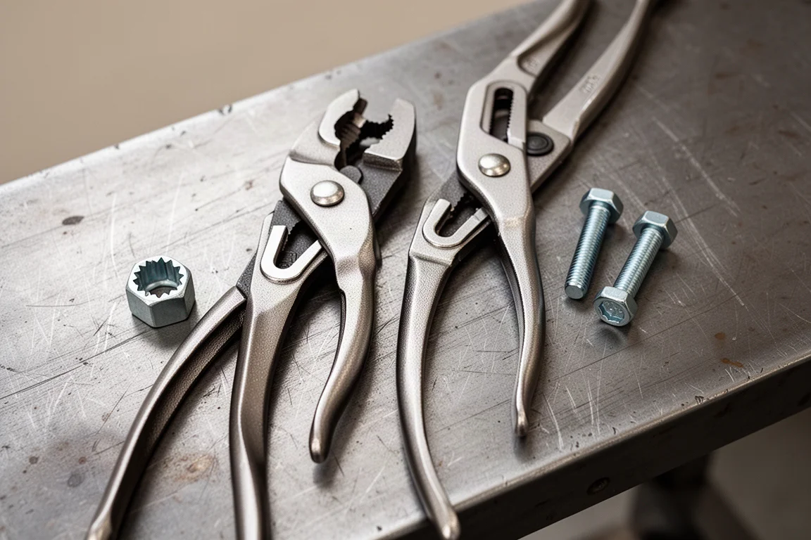 Two pairs of pliers side by side on a workshop bench with marked test bolts