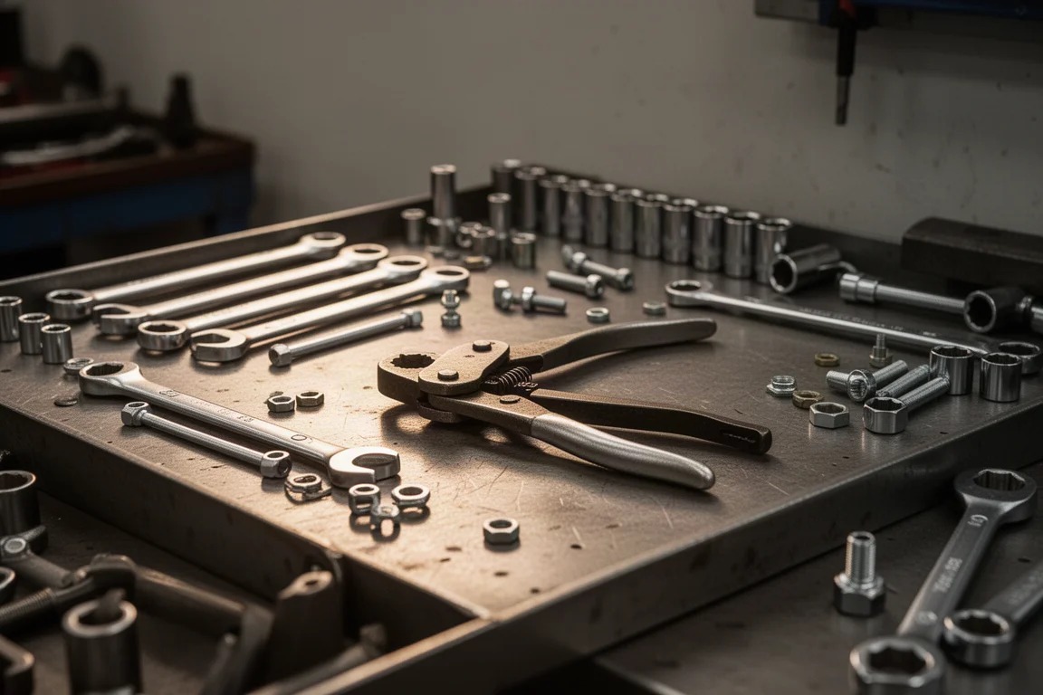 Mechanic's workbench with pliers, wrenches, and scattered fasteners under warm light